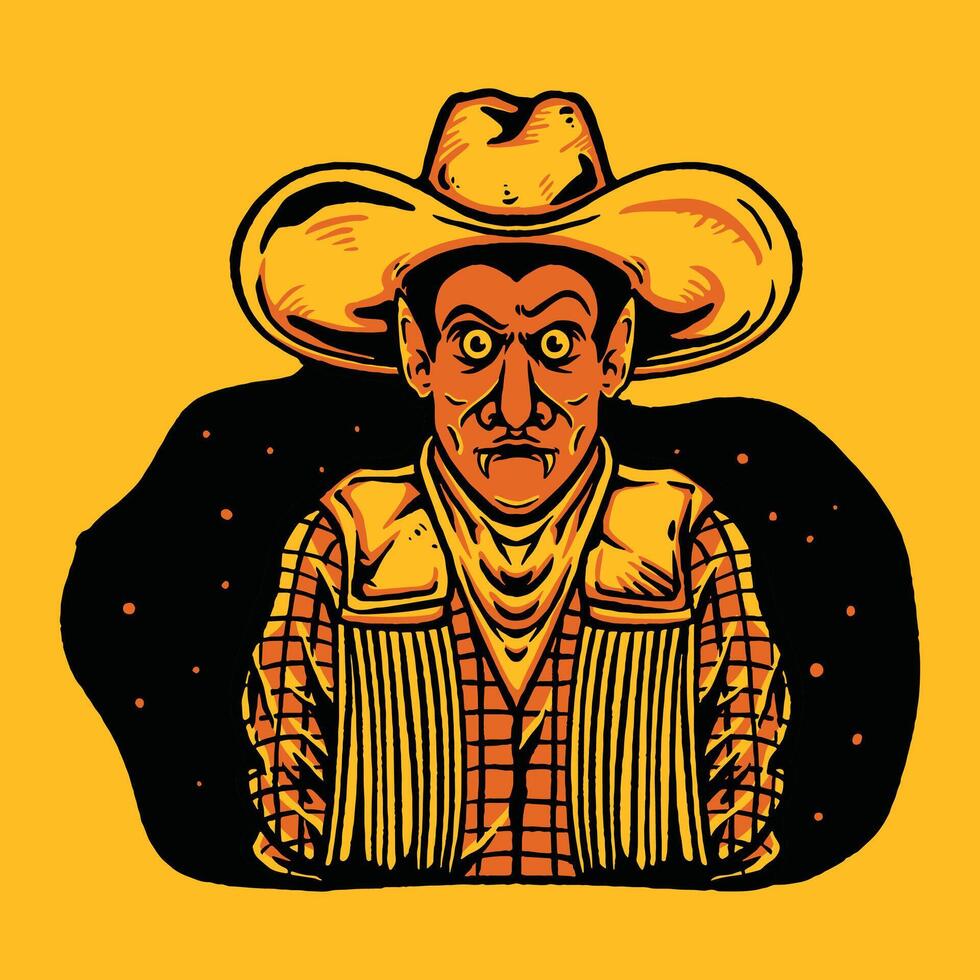 Spooky Halloween Cowboy Illustration with Vintage Style and Scary Dracula Costume Featuring Western Horror Theme vector