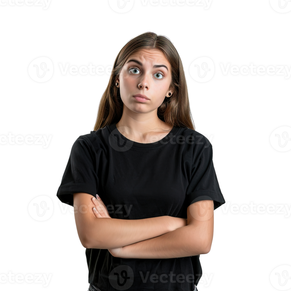 A young woman with long hair is wearing a black shirt and has her arms crossed. Concept of mystery and curiosity png