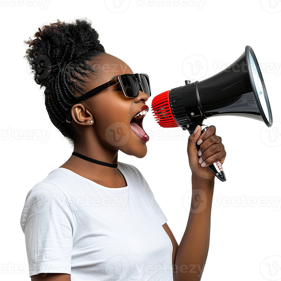 A woman with dreadlocks is holding a microphone and yelling into it png