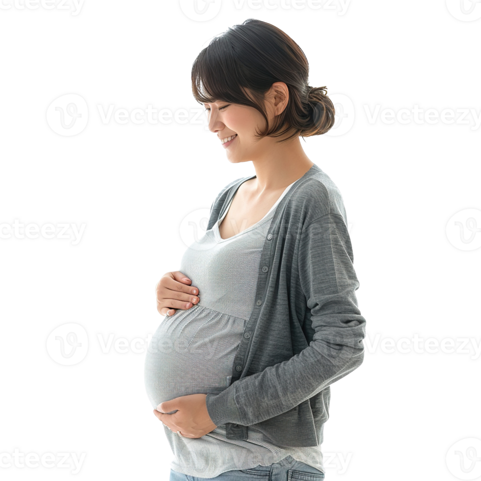 A woman is pregnant and wearing a gray sweater. Concept of happiness and joy, as the woman is excited about the upcoming arrival of her baby png
