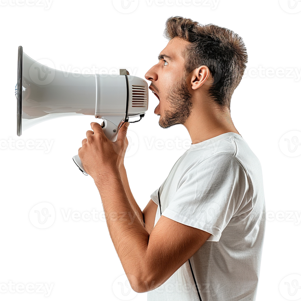 A man with a megaphone is yelling into it. Concept of urgency and importance png