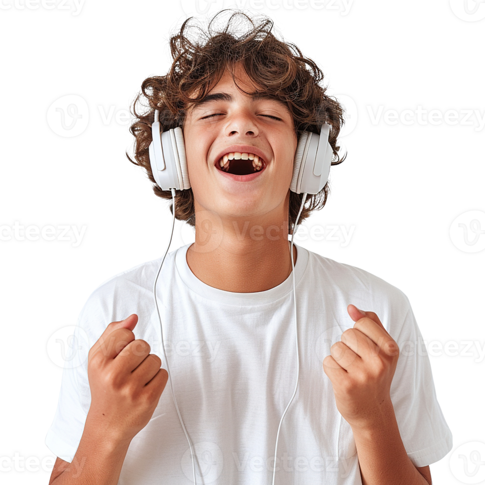 un contento joven hombre es vistiendo auriculares y sonriente mientras cantando. concepto de alegría y positividad png