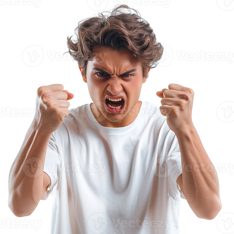 A man with a white shirt is angry and throwing his hands up in the air. He is making a fist and has a scowl on his face png