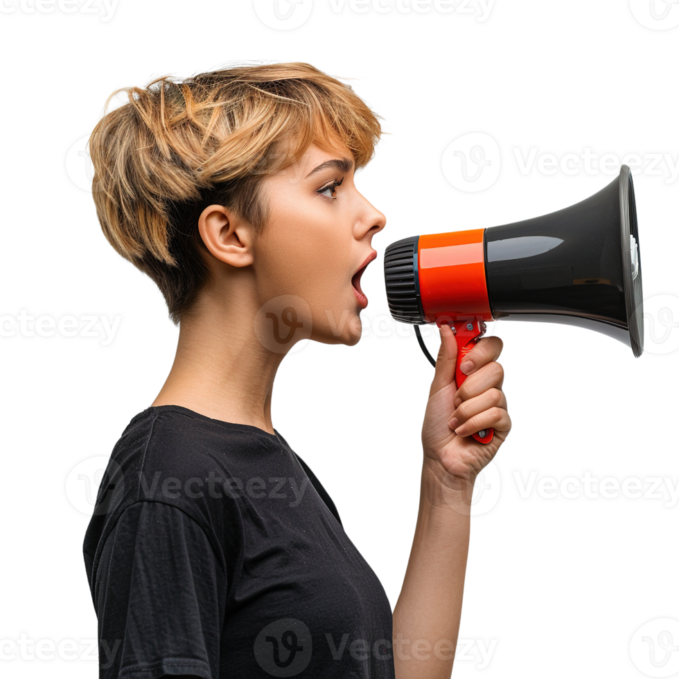 A woman with a microphone is holding it up to her mouth isolated on transparent background png