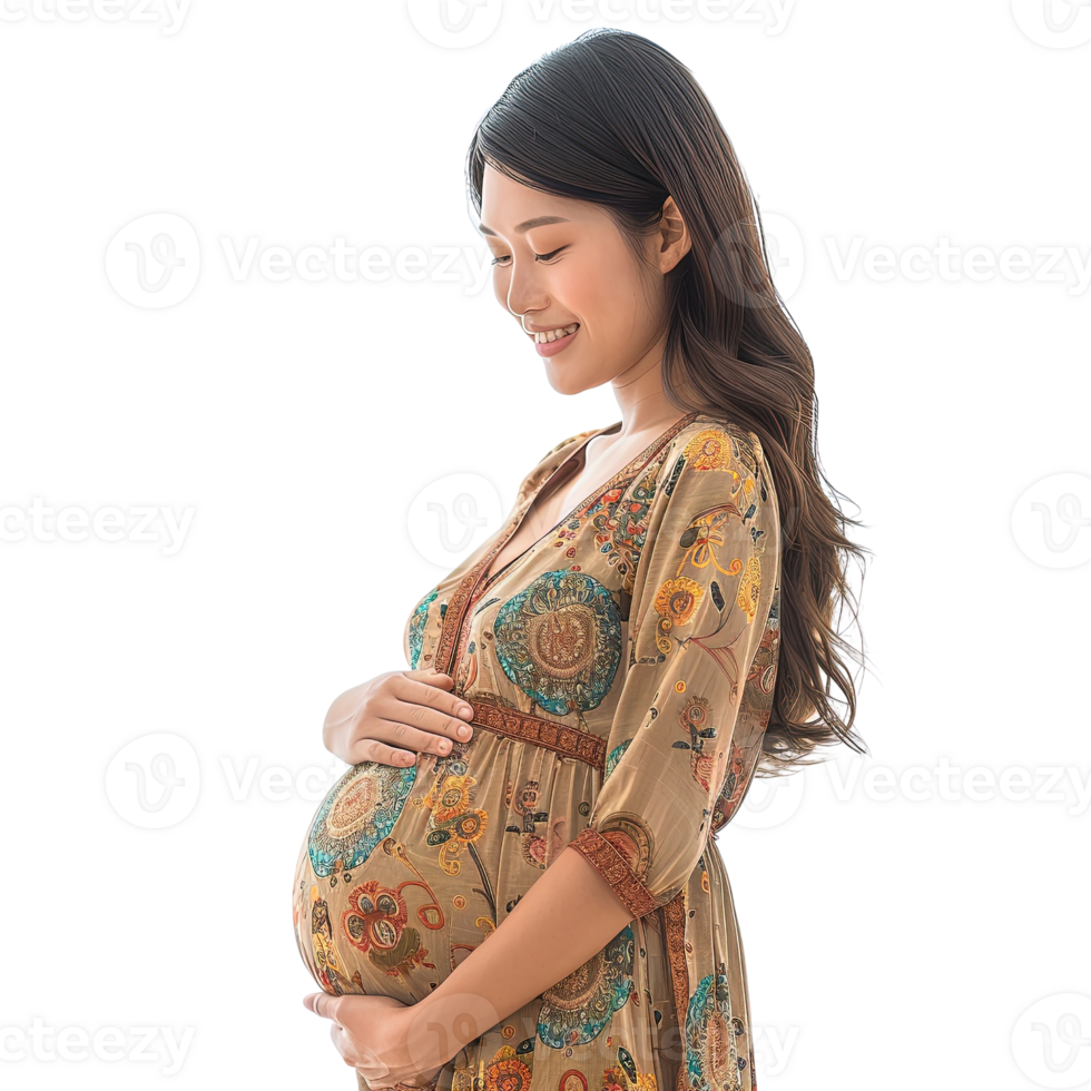 A pregnant woman is wearing a floral print dress isolated on transparent background png