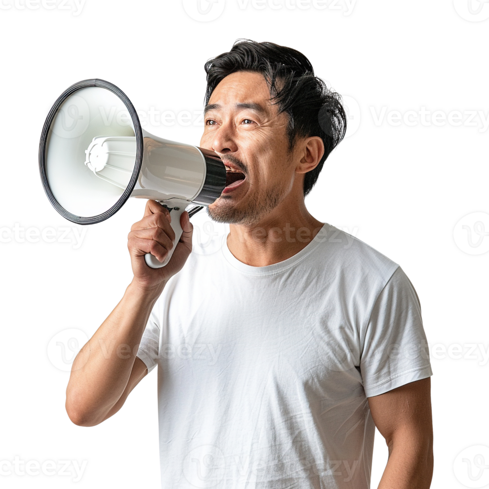 A man is holding a microphone and making a loud noise. Concept of excitement and energy, as if the man is performing or giving a speech png
