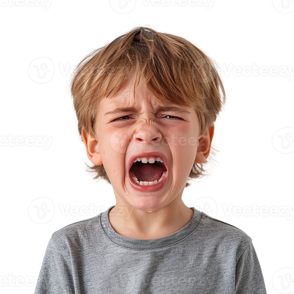 A young boy is screaming isolated on transparent background. Concept of anger and frustration png