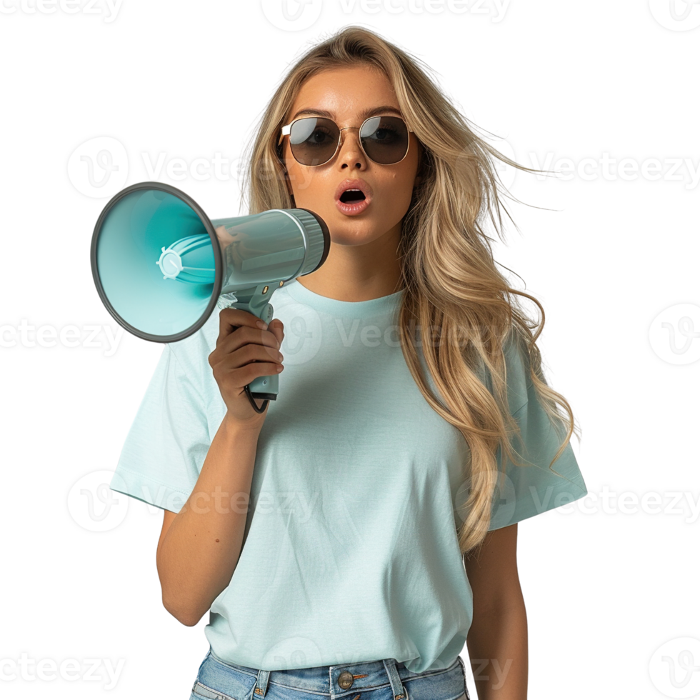 A woman is holding a megaphone and wearing sunglasses. Concept of urgency and importance png