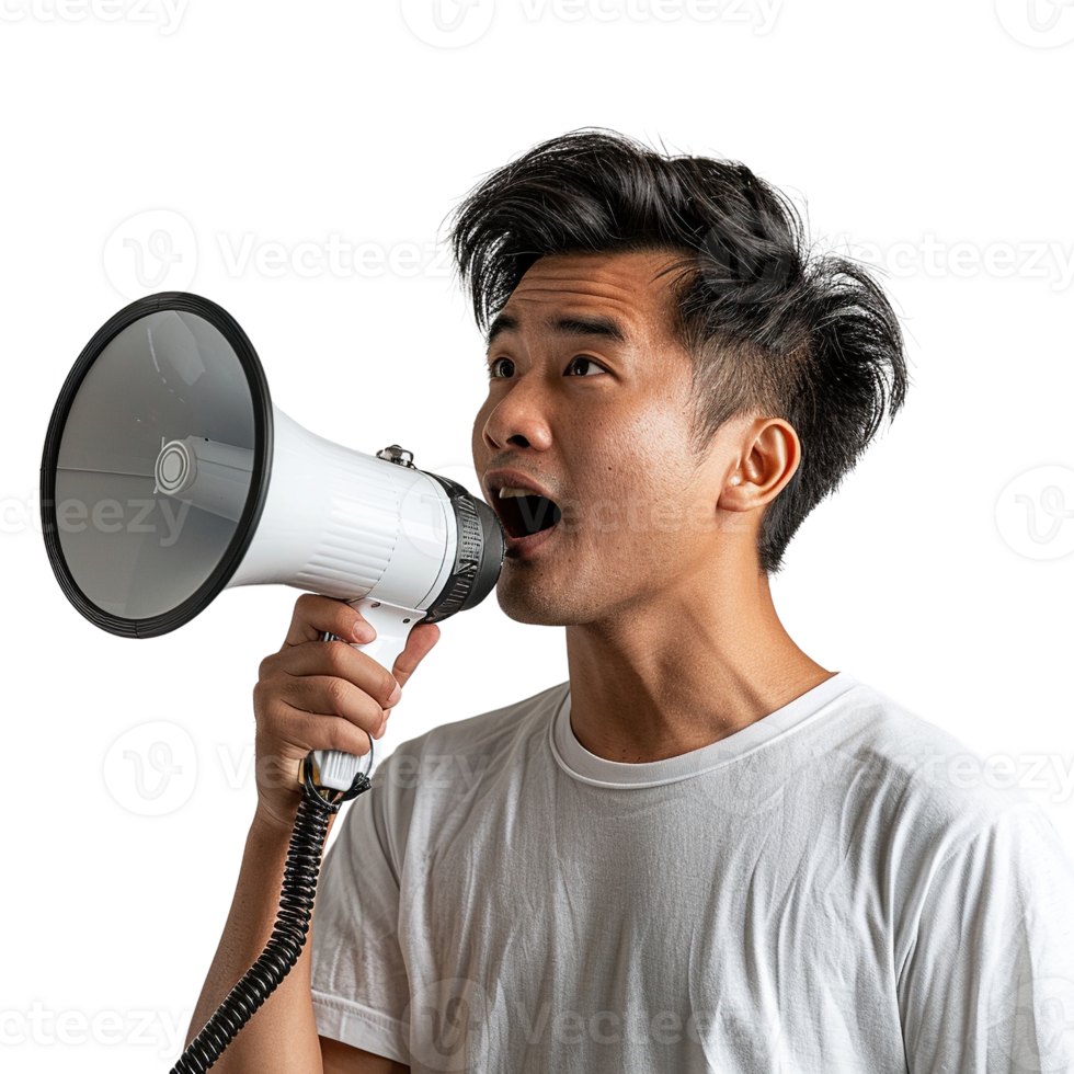 A man is holding a microphone and making a loud noise. Concept of excitement and energy, as if the man is performing or announcing something important png