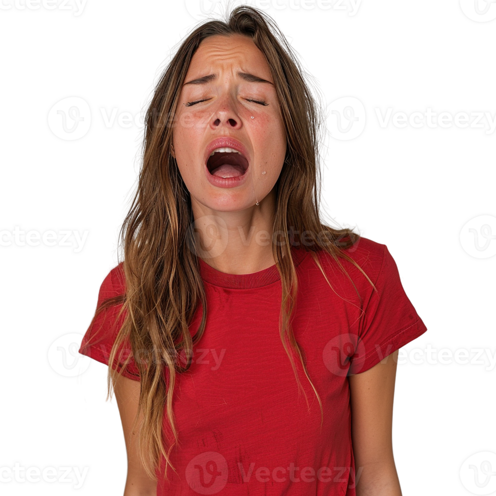 A woman in a red shirt is crying. Concept of sadness and vulnerability png