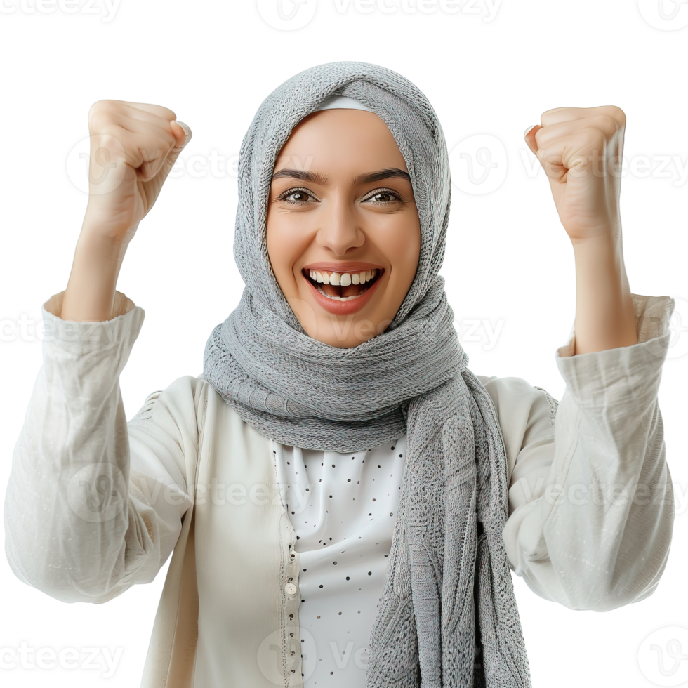 portrait de de bonne humeur musulman femme célébrer avec joyeux expression et élevé les poings isolé sur transparent Contexte png