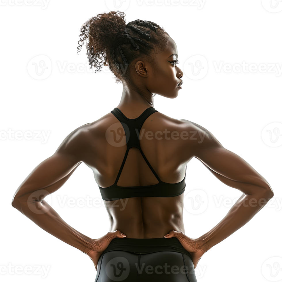 Back view of a woman with a ponytail and a black tank top isolated on transparent background png