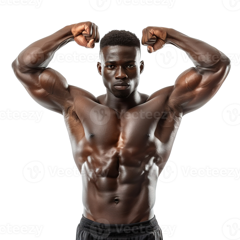 A man with a muscular build is flexing his arms isolated on transparent background. Concept of strength and confidence png