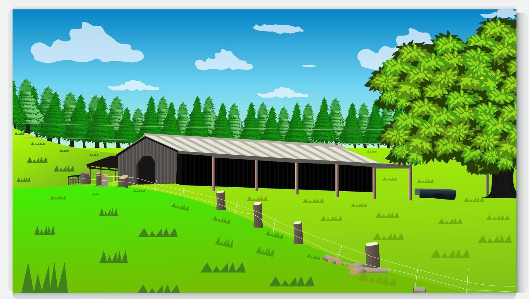 Landscape of green fields of farmland, barns and farms, rural houses. grassland with buildings, green grass, meadows and trees, blue sky in the background vector