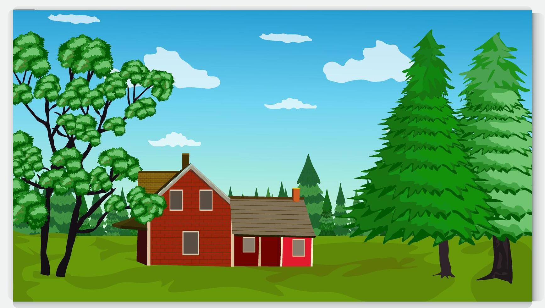 A peaceful rural house nestled amidst lush trees and majestic mountains vector