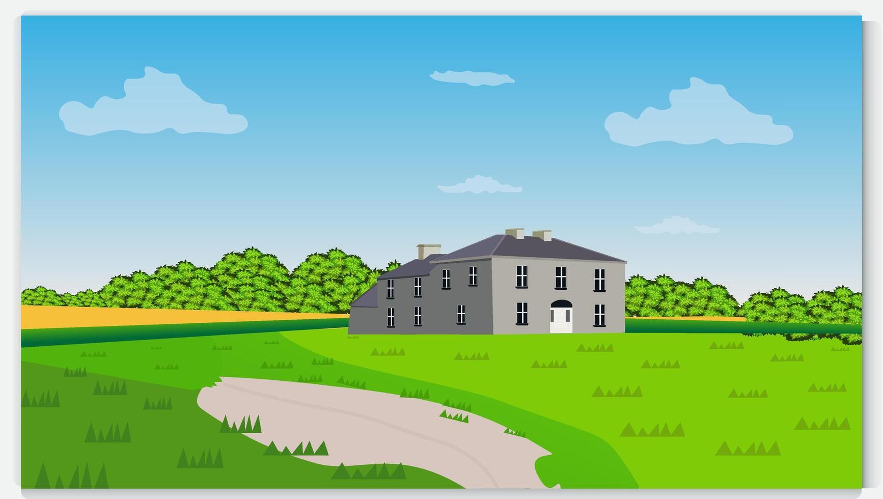 Countryside landscape illustration, old town and rural fields in flat style vector