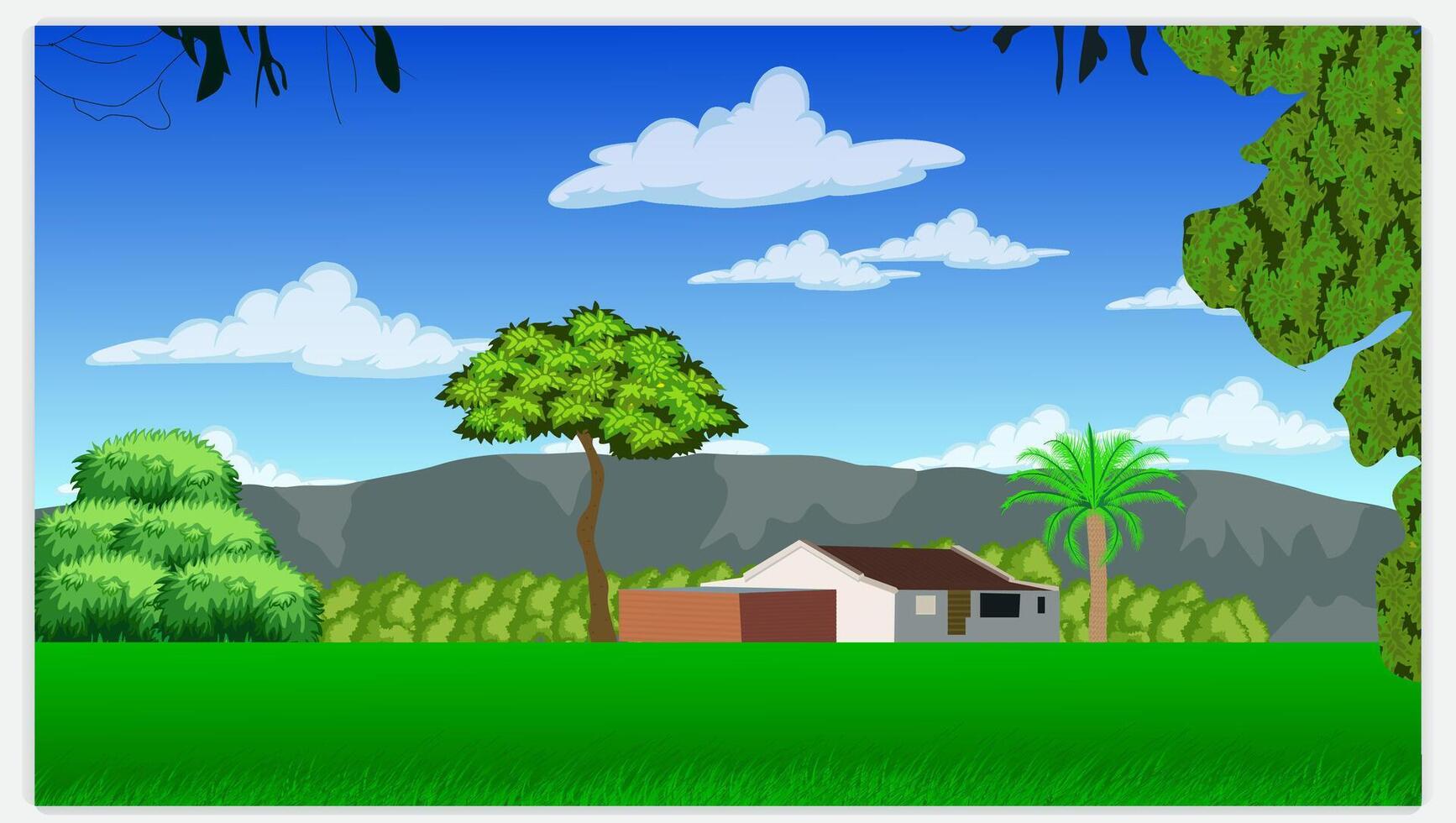 Beautiful landscape illustration of mountains, forests, fields and meadows. Stunning panoramic farm landscape with mountains in the background. vector