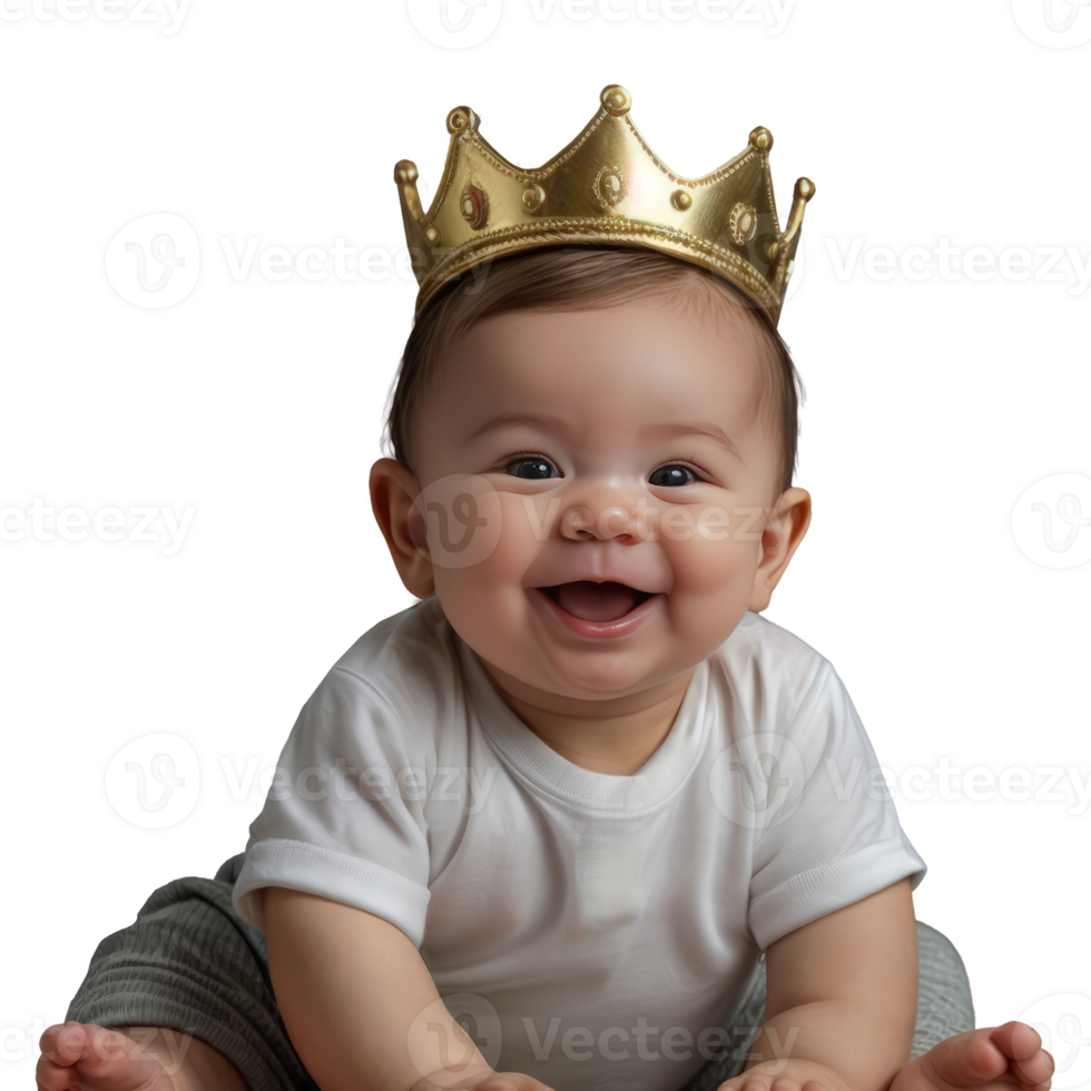 Cute smiling baby wearing a crown with no background. Design element png