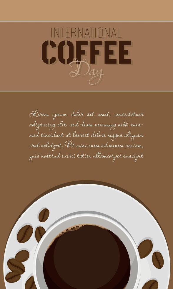 International Coffee Day Template with a cup of coffee and coffee beans scattered on the saucer vector