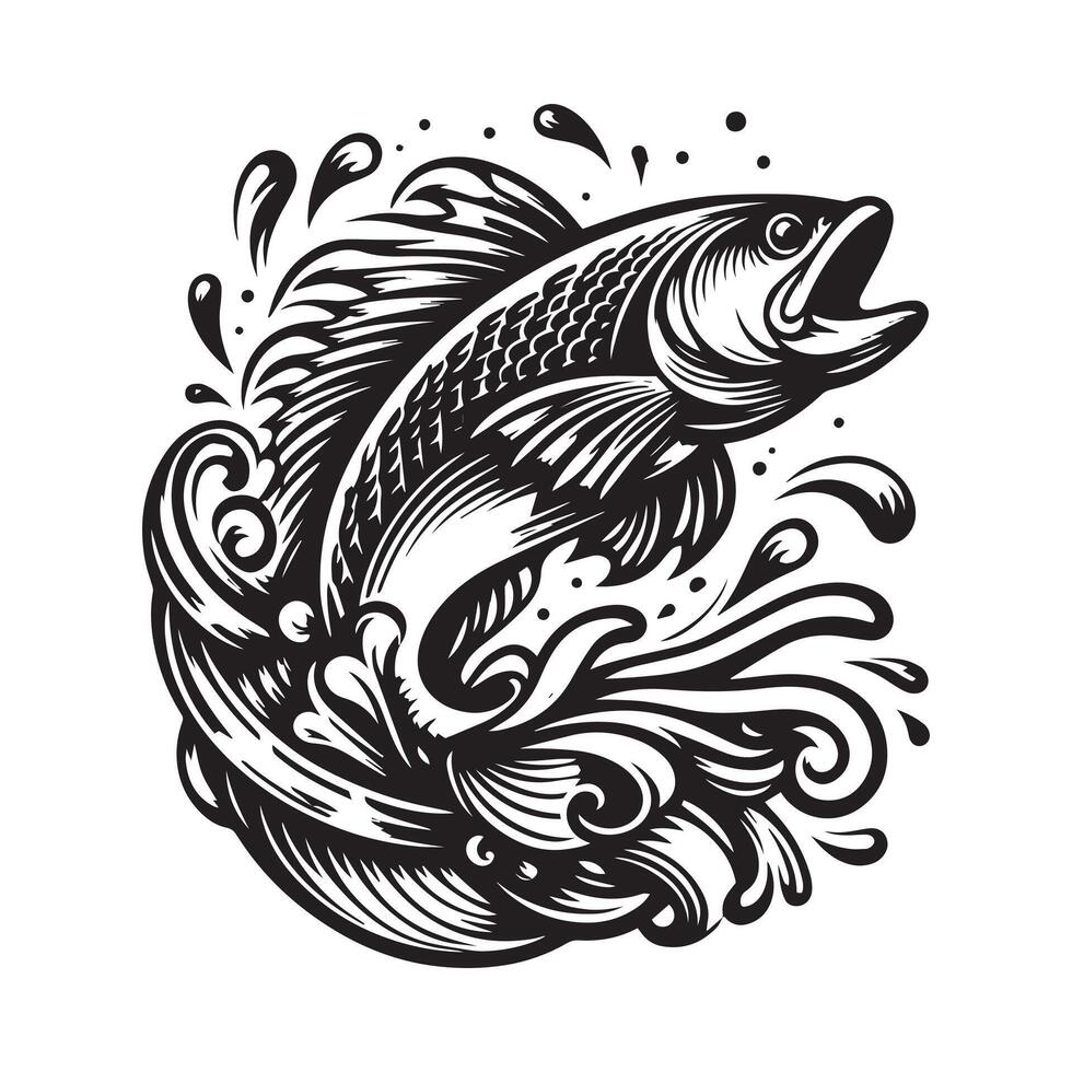 A black and white drawing of a fish with ornate patterns vector