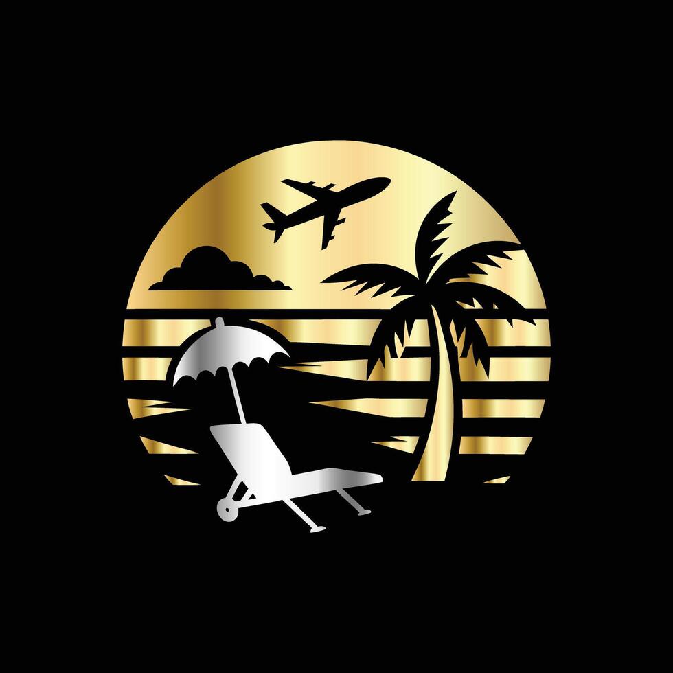 Beach logo with palm tree, sun lounger and airplane vector