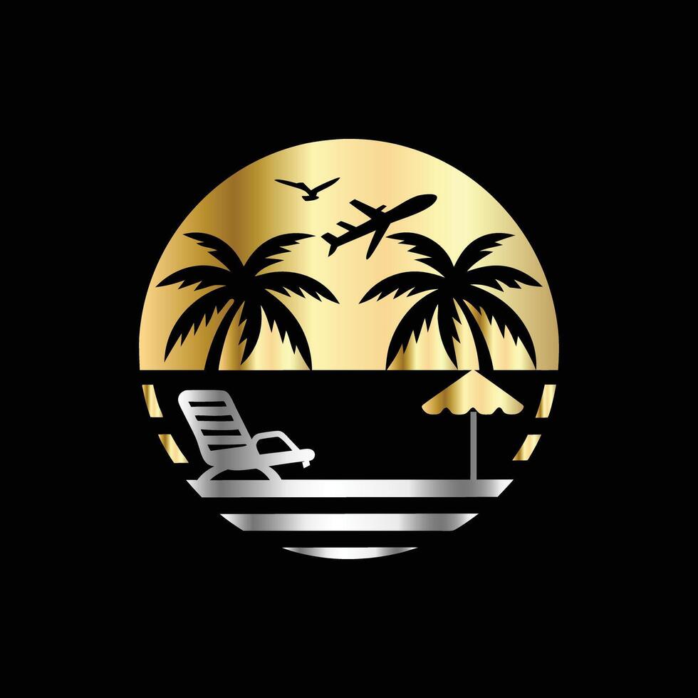 Tropical beach with palm trees and airplane logo. illustration. vector