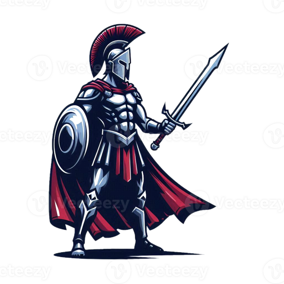 The brave Spartan warrior is standing holding a sword, transparent background png
