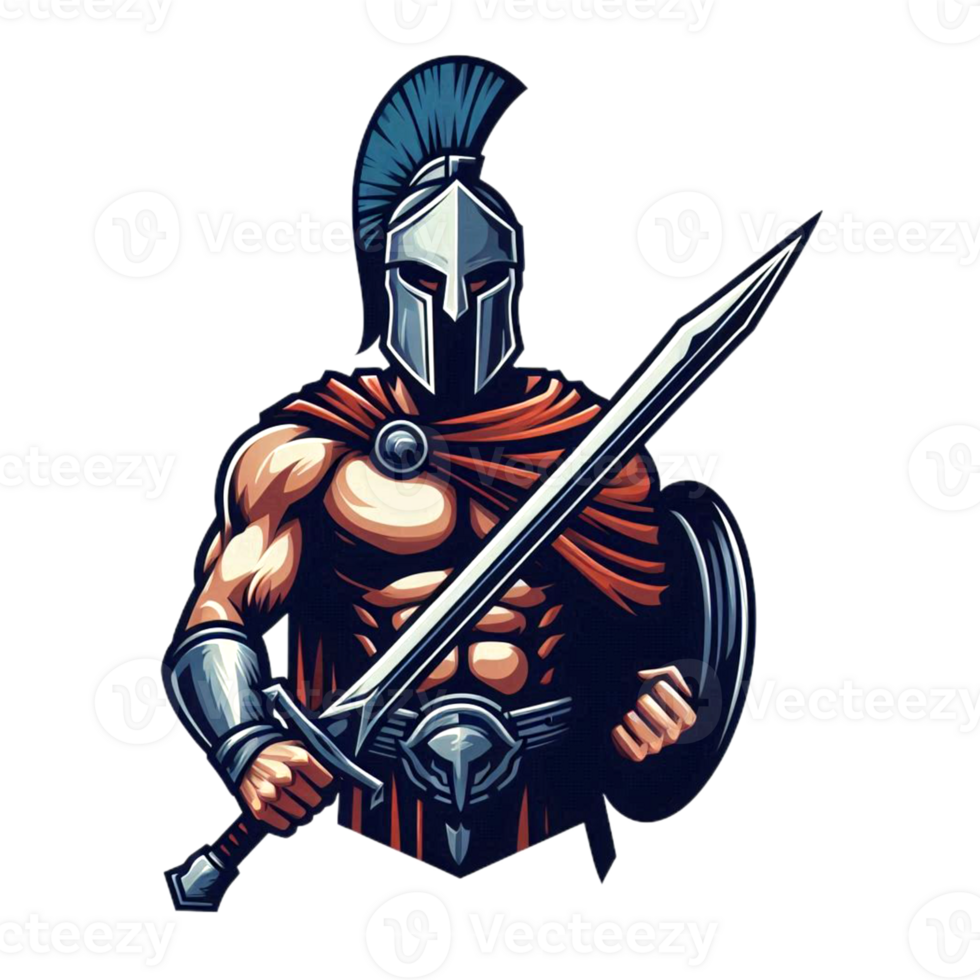 Spartan warrior simple logo mascot holding sword, transparent background png