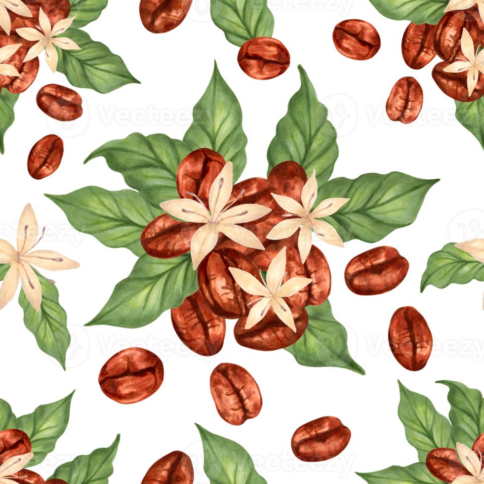 Seamless pattern of coffee beans with flowers and leaves. Illustration with watercolor and marker. Handmade art of aroma of Robusta and Arabica varieties. Coffee day. For fabric and tablecloths. png