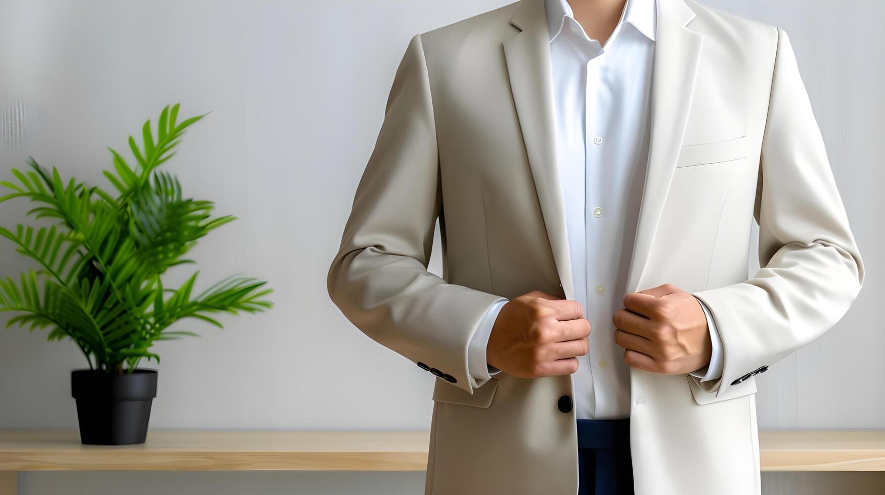 A close-up of a business casual outfit, featuring a tailored blazer over a crisp shirt, paired with chinos and loafers photo