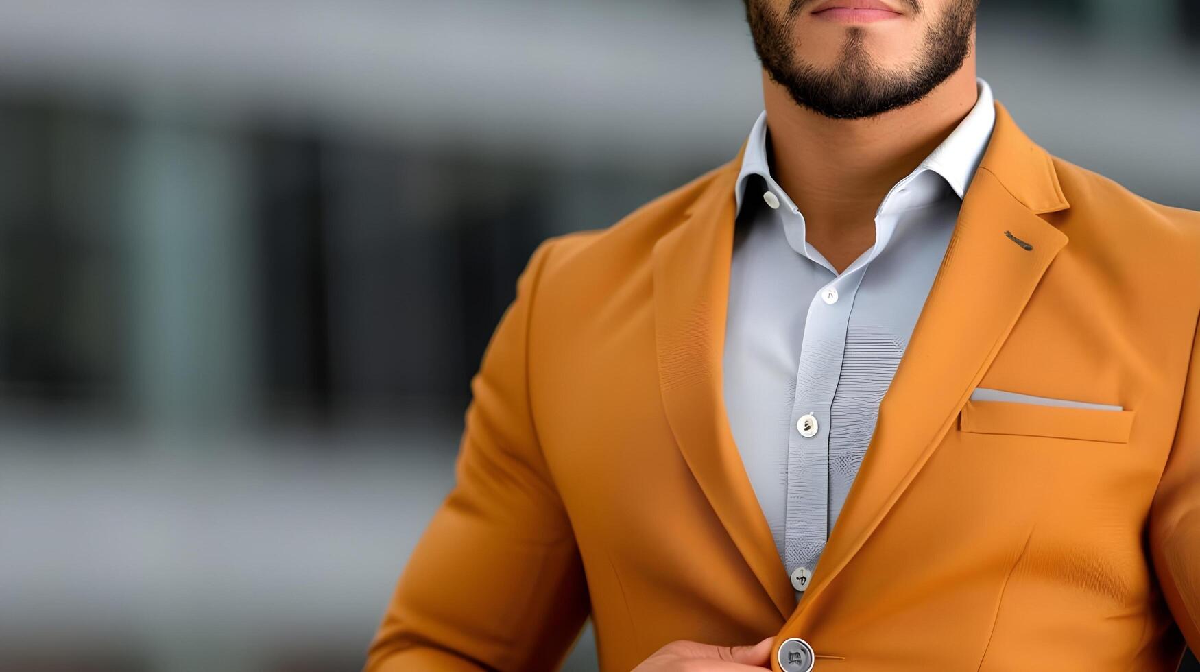 A close-up of a business casual outfit, featuring a tailored blazer over a crisp shirt, paired with chinos and loafers photo