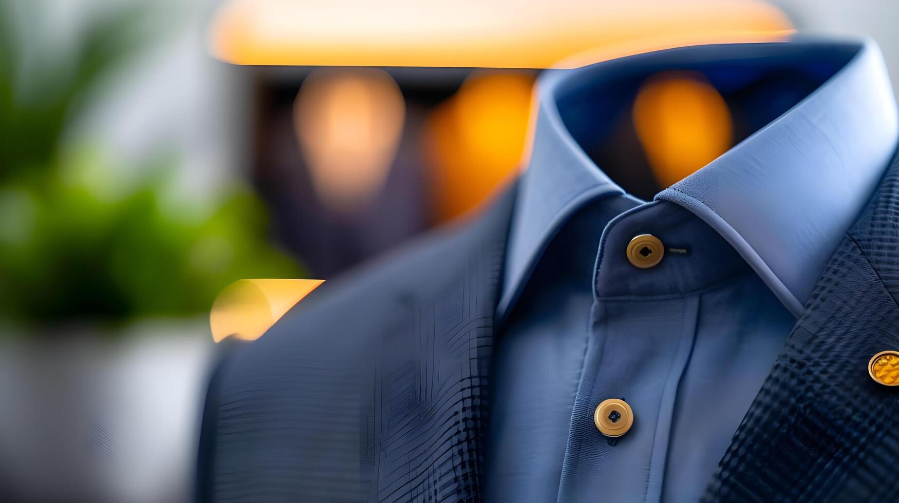 A close-up of a business casual outfit, featuring a tailored blazer over a crisp shirt, paired with chinos and loafers photo