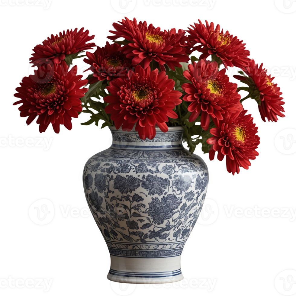 Red Chrysanthemums in a Vase Symbolizing Love and Joy png