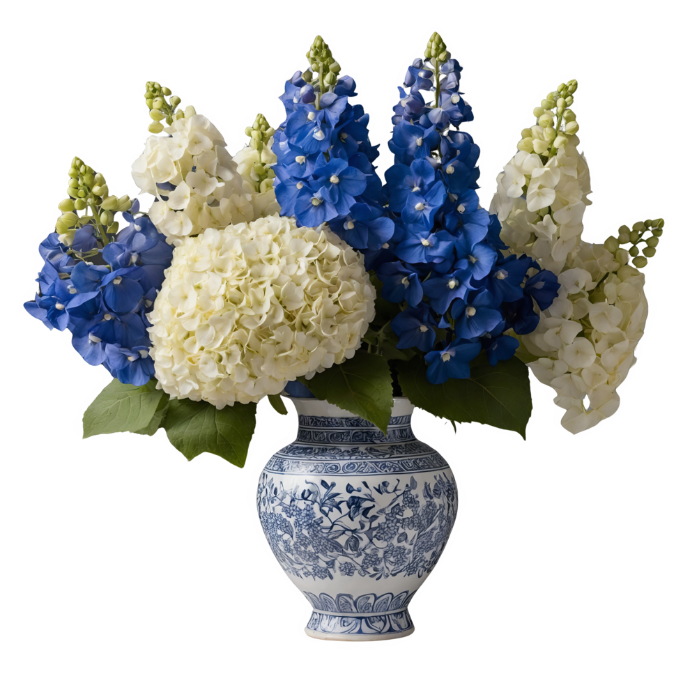 Blue Delphinium and White Hydrangea Bouquet Symbolizing Dignity and Grace png
