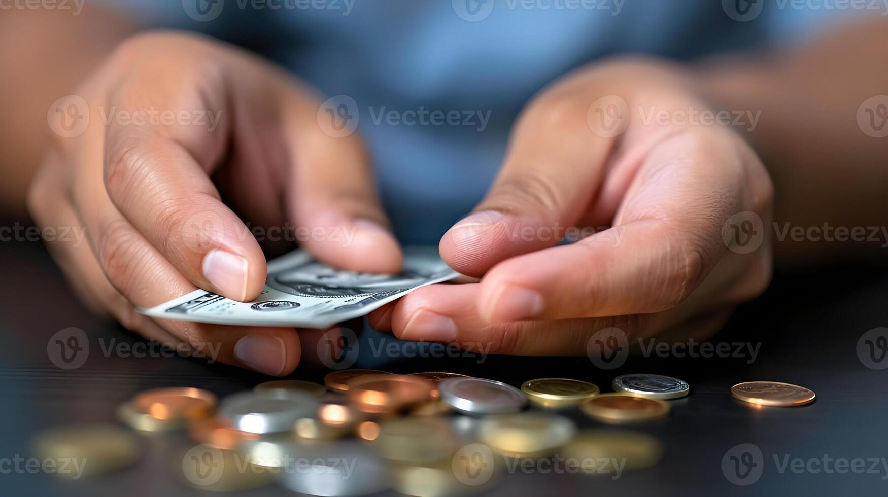 A close-up of hands counting crisp dollar bills, with coins scattered around, symbolizing wealth and financial focus photo