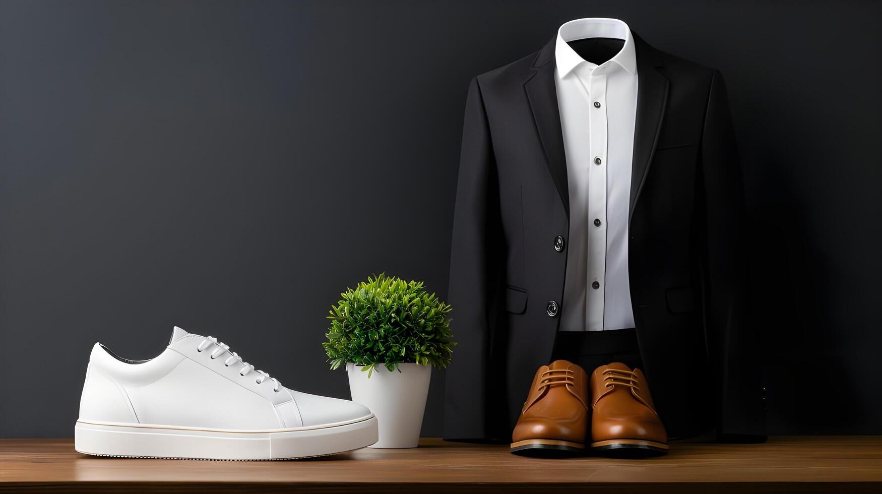 A close-up of a business casual outfit, featuring a tailored blazer over a crisp shirt, paired with chinos and loafers photo