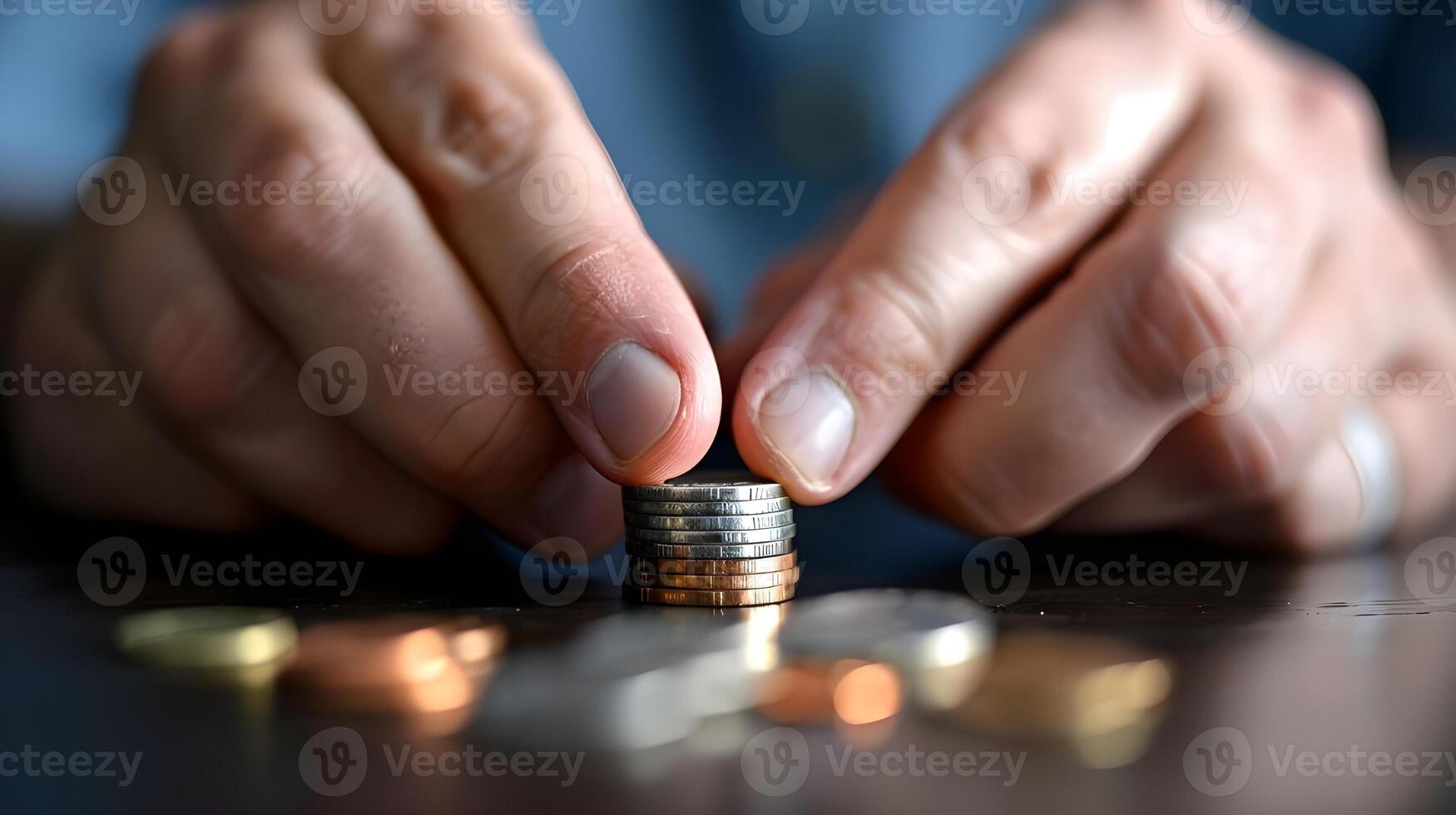 A close-up of hands counting crisp dollar bills, with coins scattered around, symbolizing wealth and financial focus photo