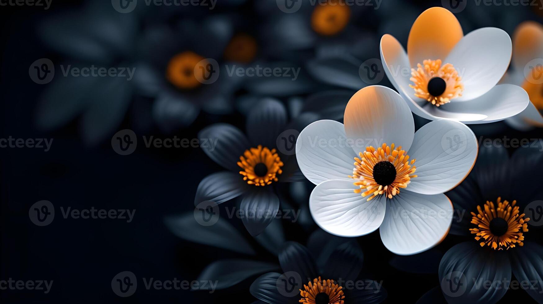 Close up of blooming flowerbeds of amazing white and golden flowers on dark moody floral textured background. Photorealistic effect. photo