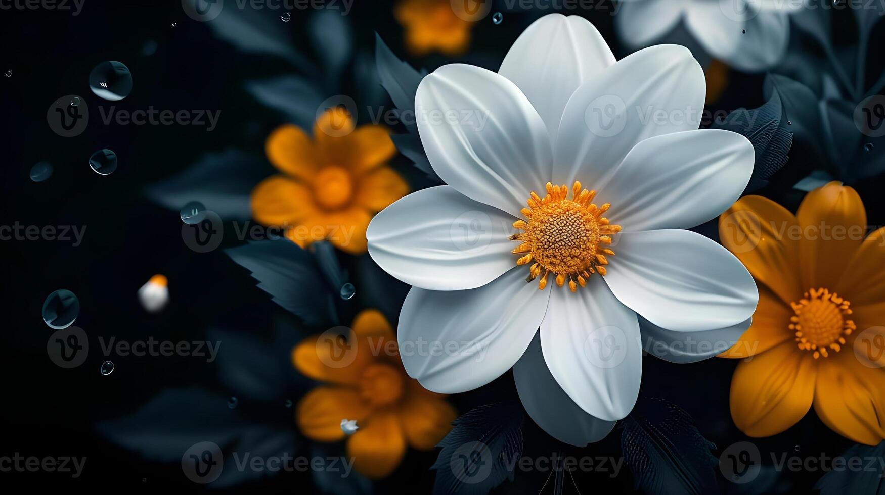 Close up of blooming flowerbeds of amazing white and golden flowers on dark moody floral textured background. Photorealistic effect. photo