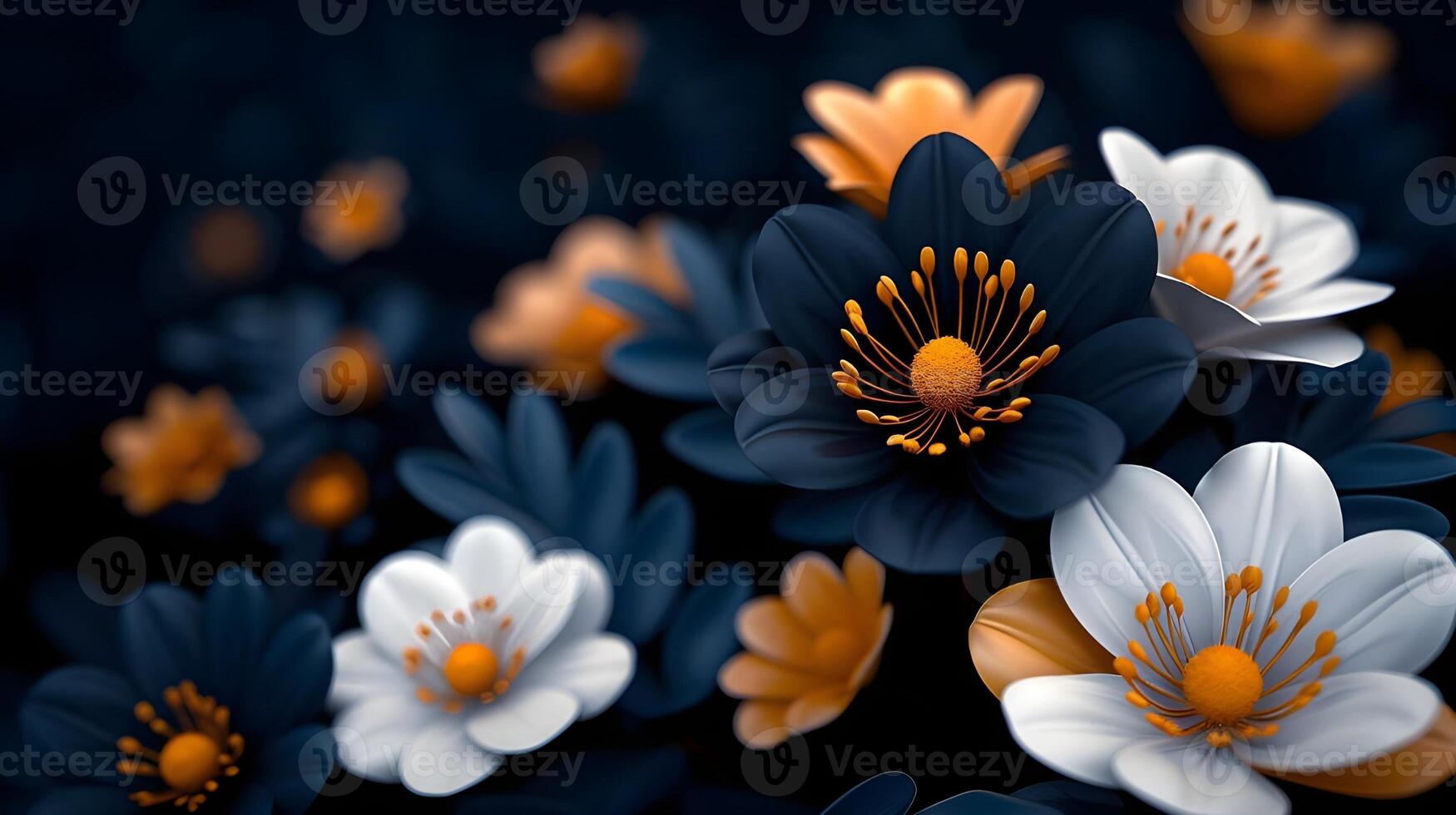 Close up of blooming flowerbeds of amazing white and golden flowers on dark moody floral textured background. Photorealistic effect. photo
