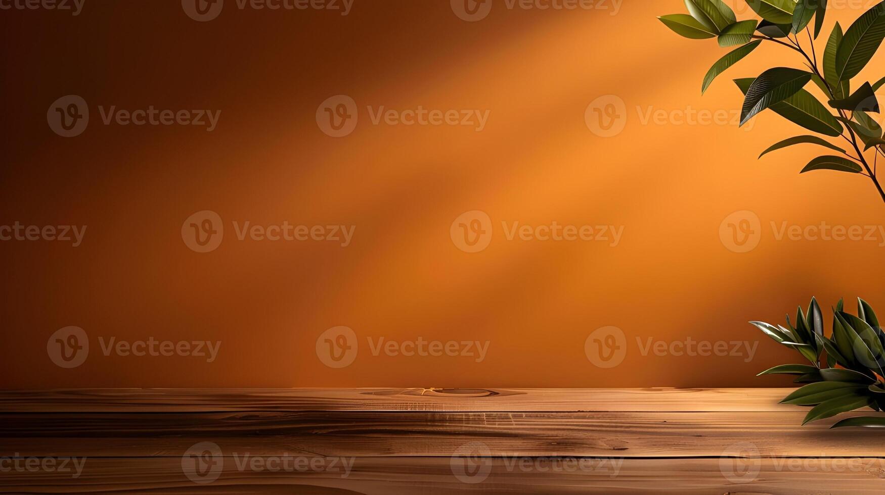 Empty wooden table on abstract orange background for product presentation, space for a montage showing the product photo
