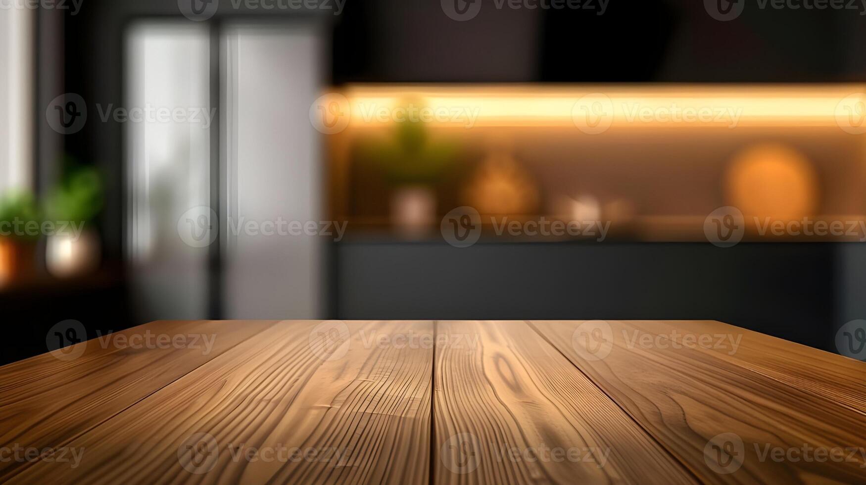 Wooden table on blurred kitchen bench background. Empty wooden table and blurred kitchen background photo