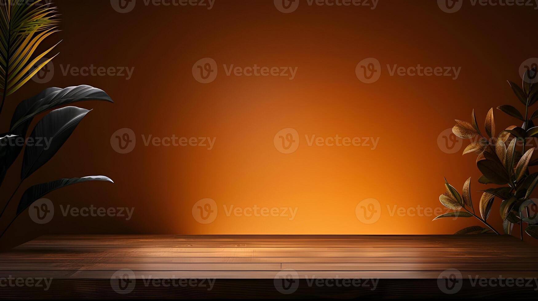 Empty wooden table on abstract orange background for product presentation, space for a montage showing the product photo