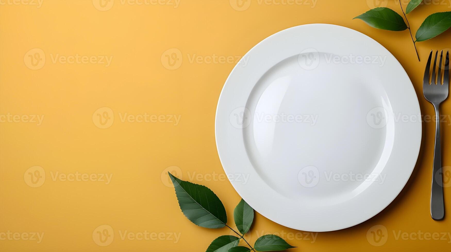 Top down view of a white plate isolated on yellow background with fork and knife with copy space photo