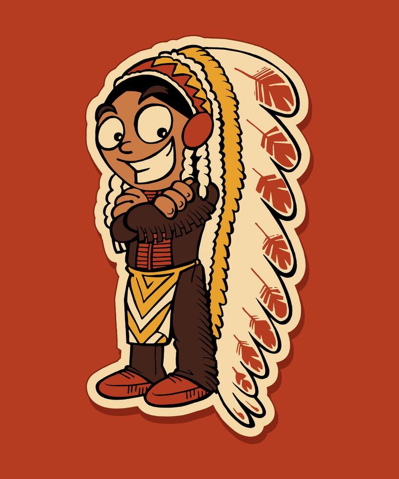 Kid Boy Native American Apache Cartoon Design Sticker vector