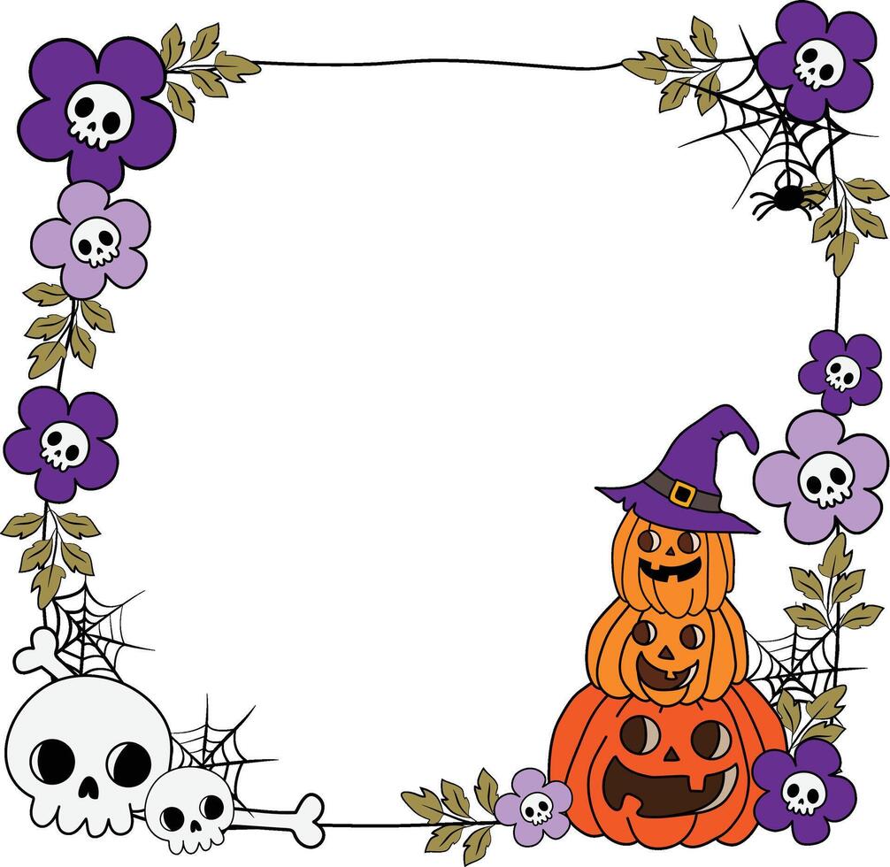 Halloween cute spooky skeleton spider web pumpkin Jack o lantern flower skull frame border garland ornament for invitation greeting party celebration card poster banner background vector