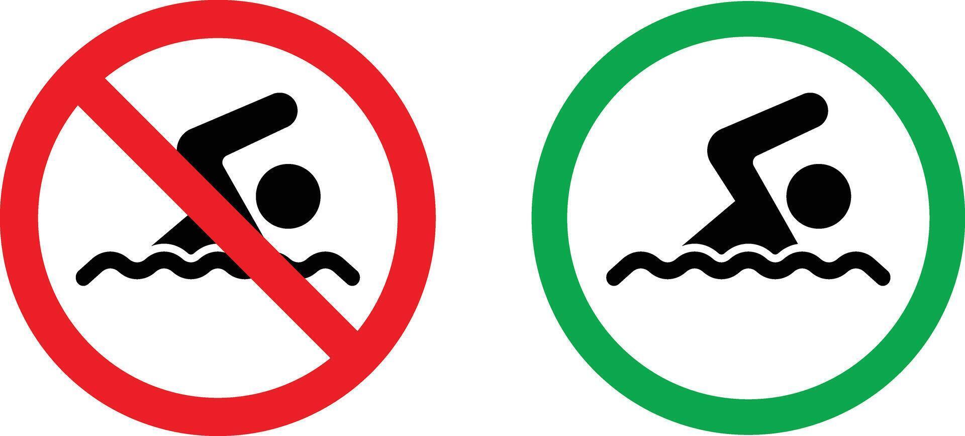 Swimming area and no swimming signs in red and green colors . Swim zone icon and swimming not allowed icon . illustration vector