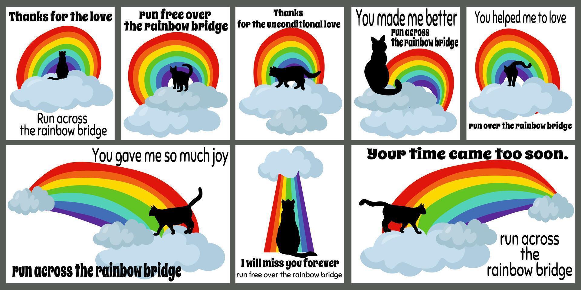 Set of cards about the loss of a pet on the theme of running on the rainbow, various cards about the loss of a cat vector