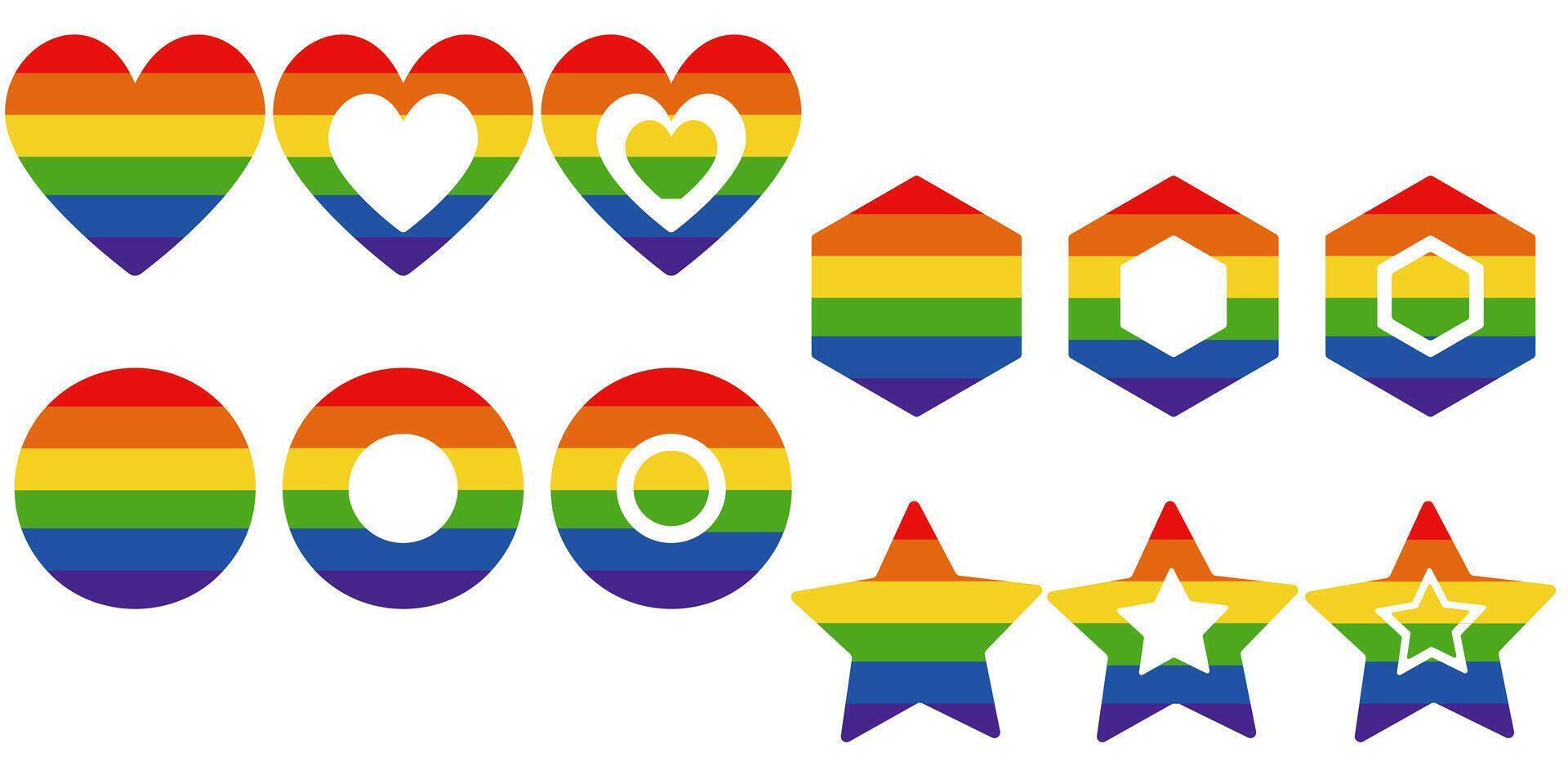 Set of simple shapes with color in pride style, rainbow symbols of heart, circle, hexagon and star for design vector