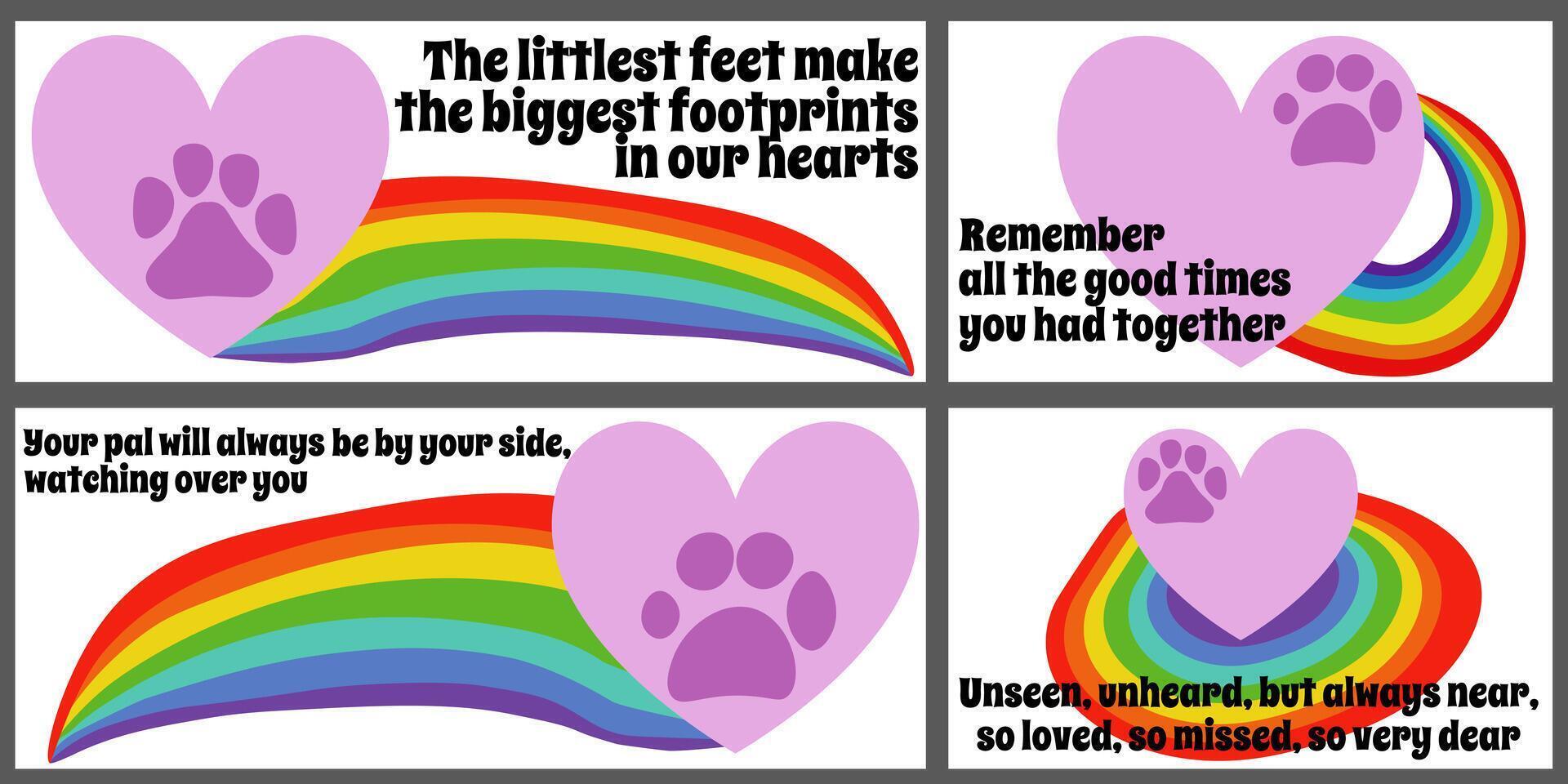 Set of cards with sympathy phrases about the loss of a pet, a rainbow bridge and a heart with a paw print vector